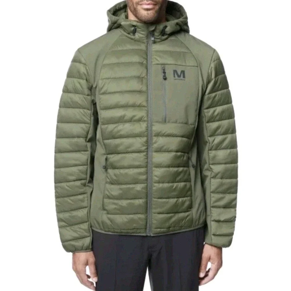 Merrell Men's Hooded Mixed Media Puffer Softshell Jacket,‎ Green, XL